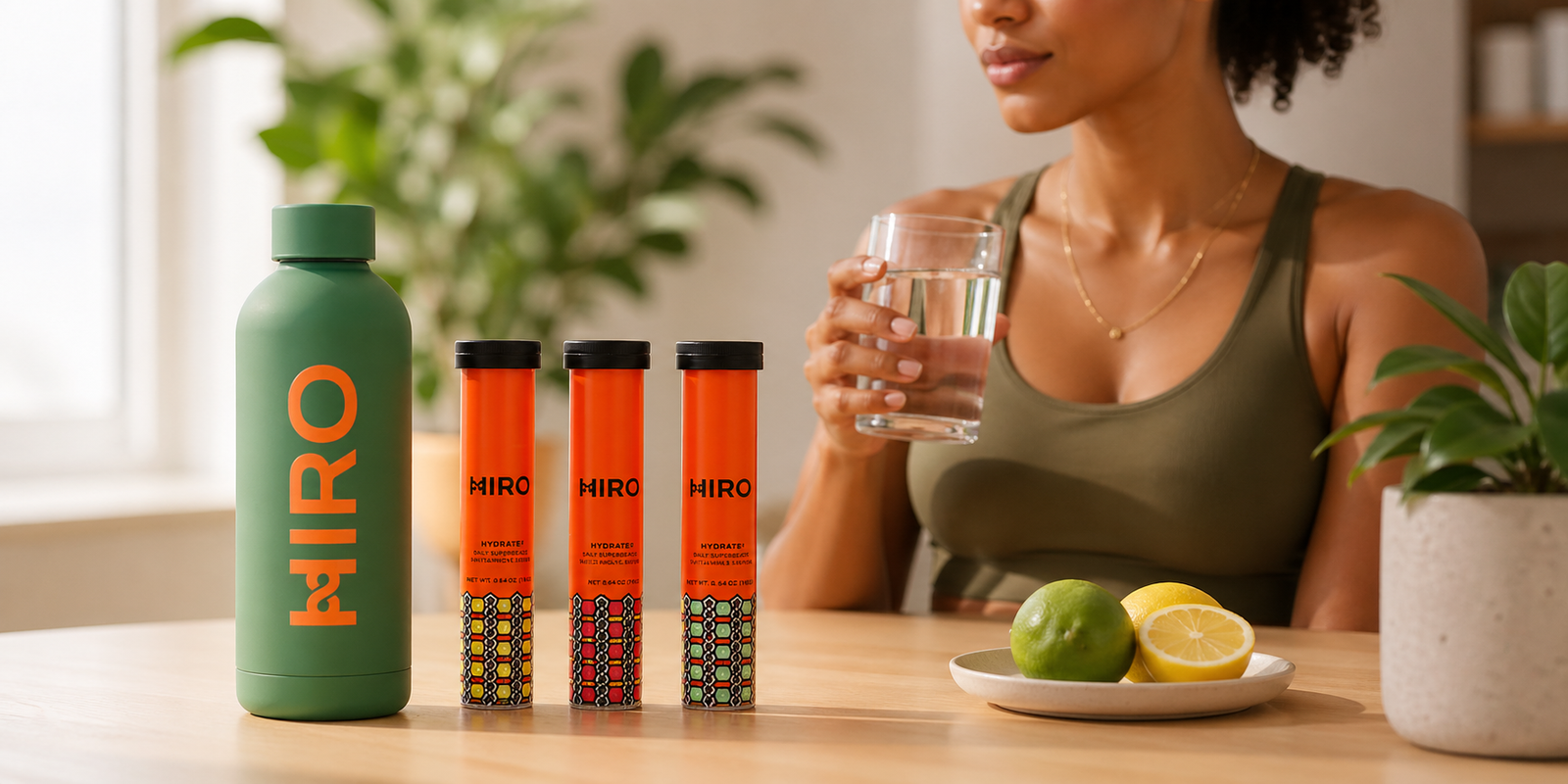 HIRO electrolyte tablets with water bottle and woman drinking for hydration