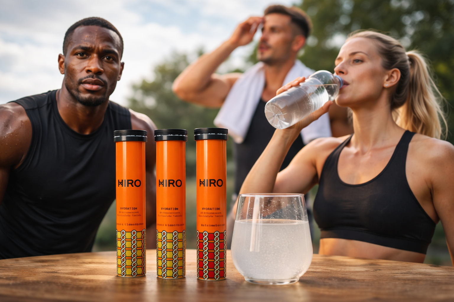 Sugar-free electrolyte tablets displayed on table with athletes hydrating after outdoor workout