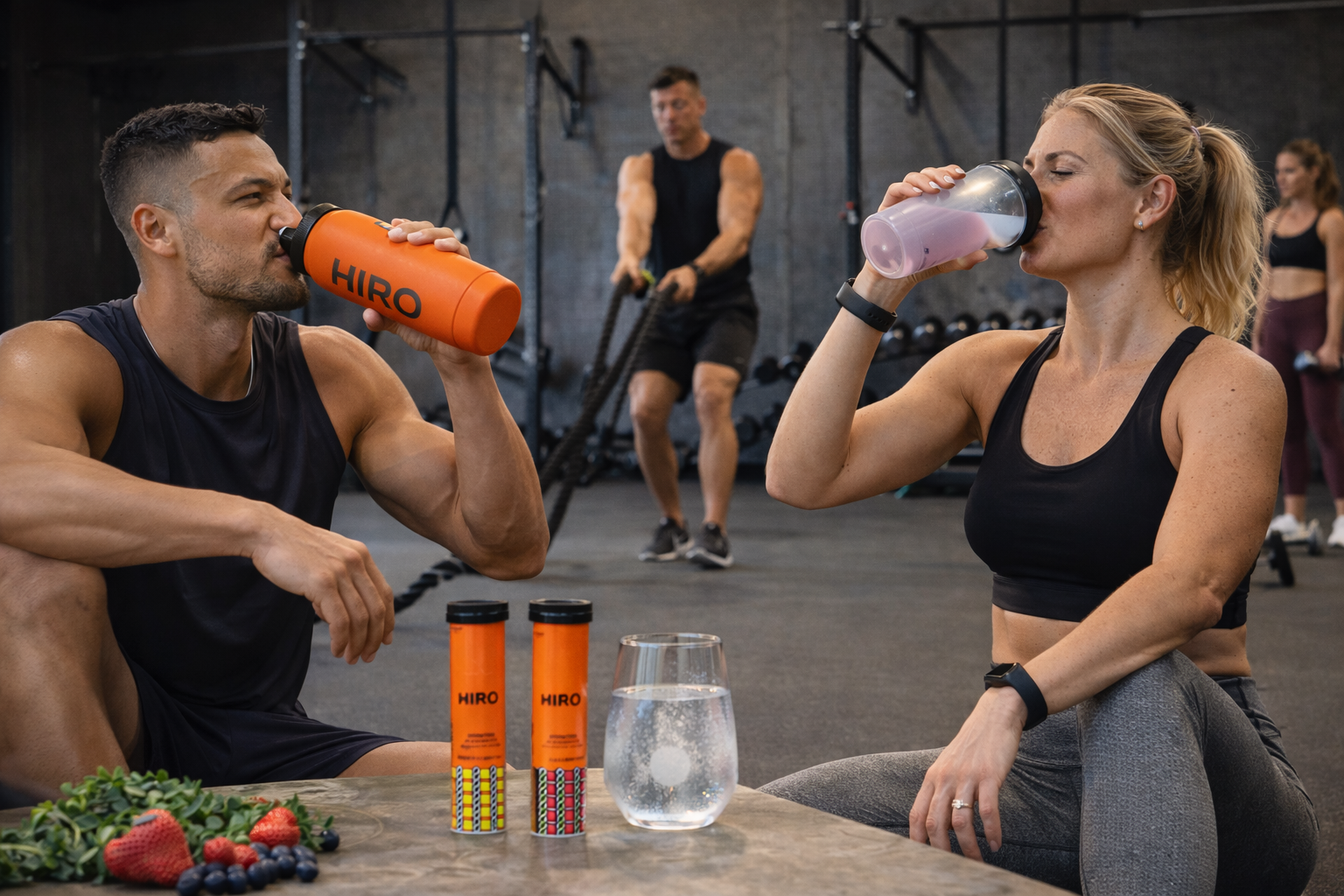 Athletes taking a hydration break during workout with HIRO hydration tablets and water