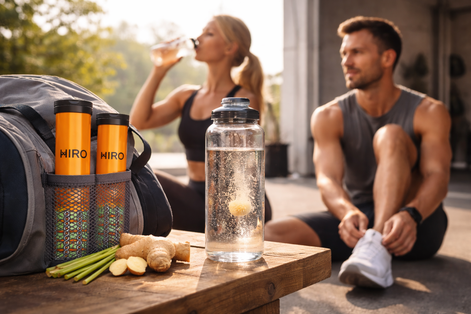 HIRO flavoured hydration tablets on gym bench with athletes hydrating after workout