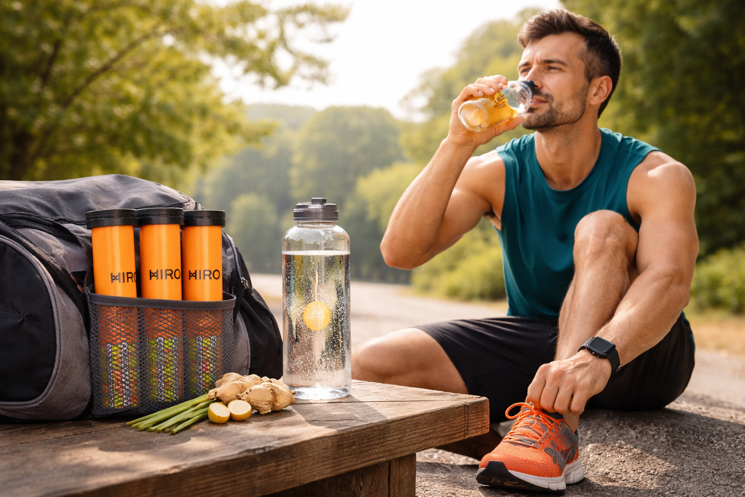 Athletes taking a hydration break on a running track with electrolyte bottles