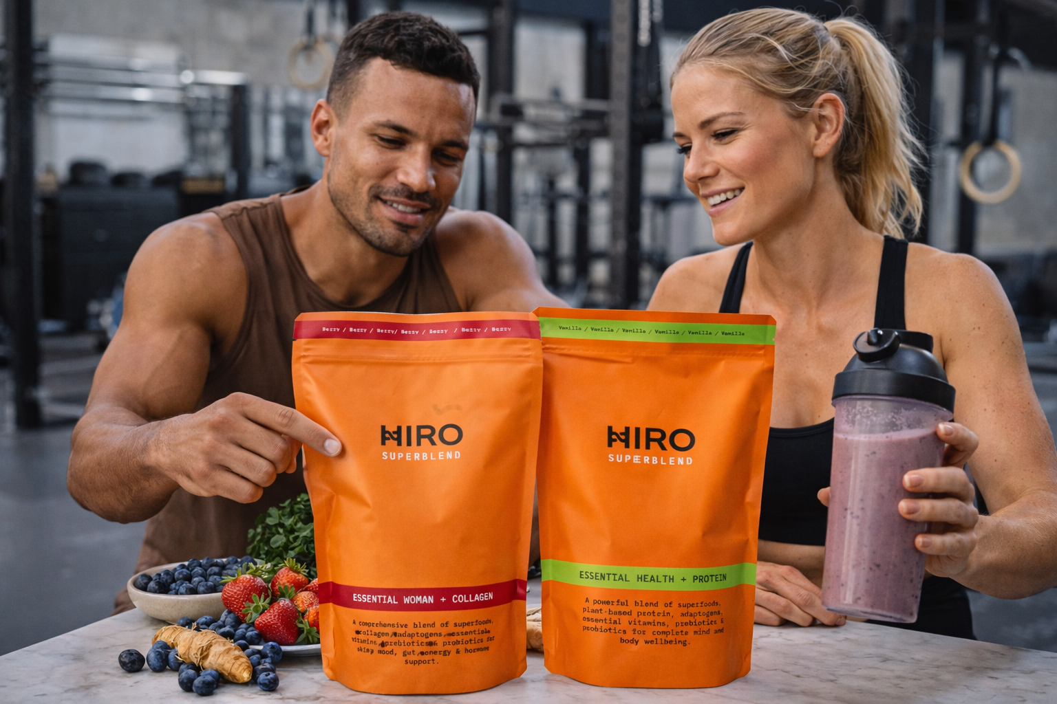 HIRO Superblend plant based supplement powders with fitness enthusiasts preparing smoothies