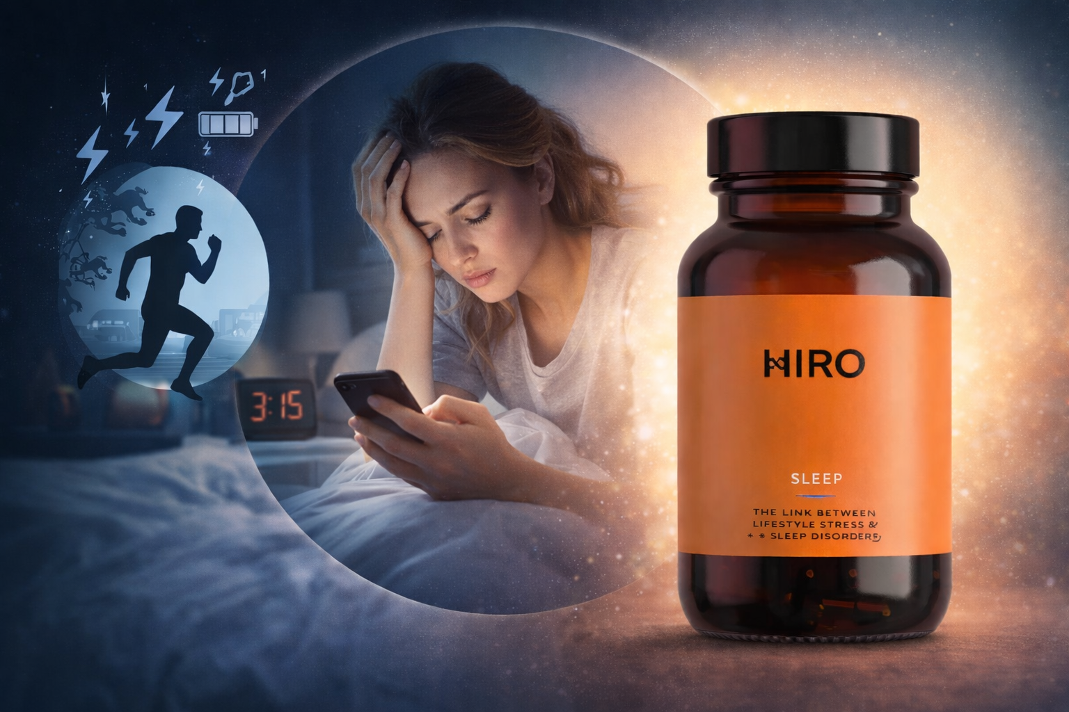 HIRO sleep supplement bottle with natural ingredients and a woman sleeping peacefully