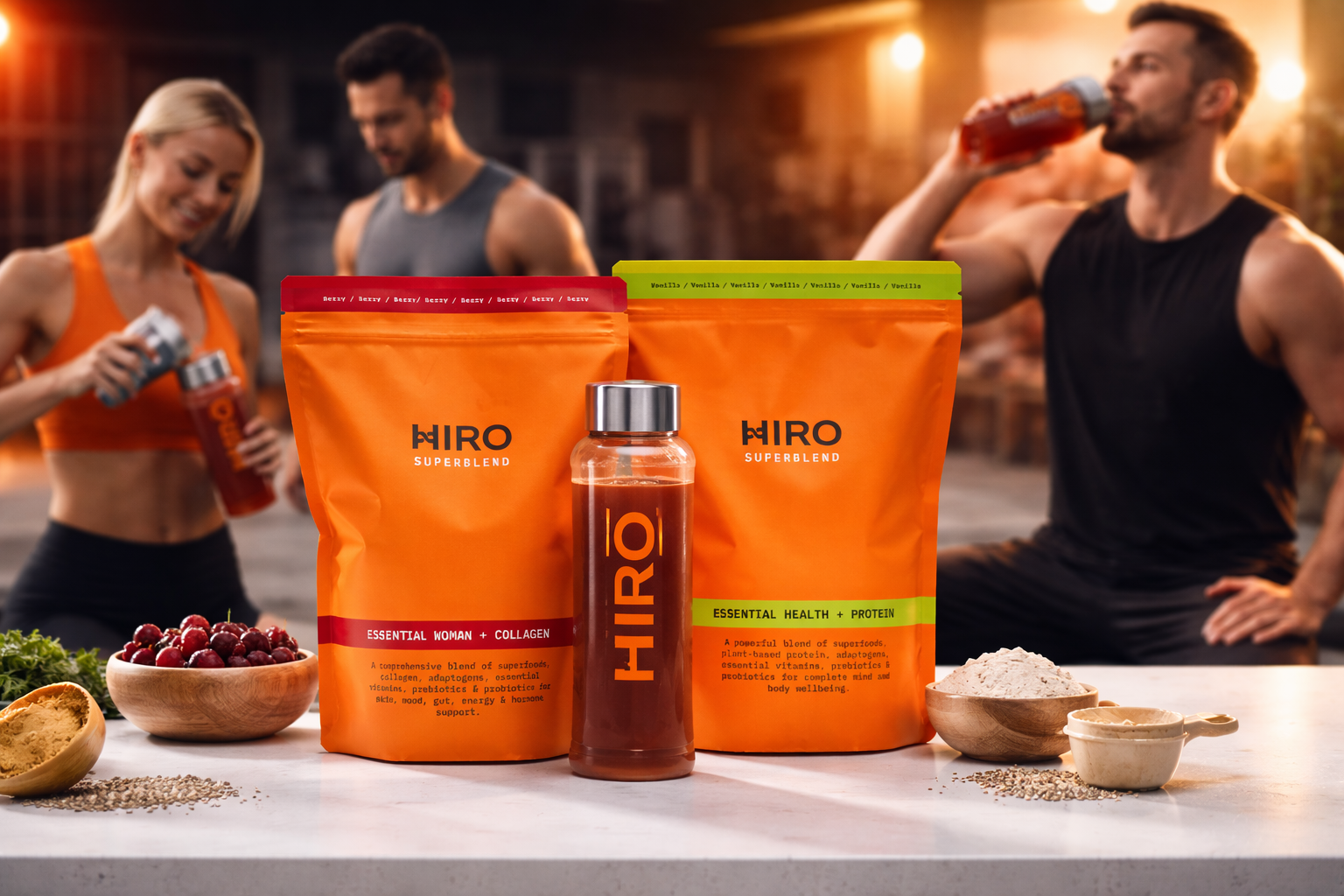 HIRO Superblend plant based protein and collagen supplements displayed on table in modern gym