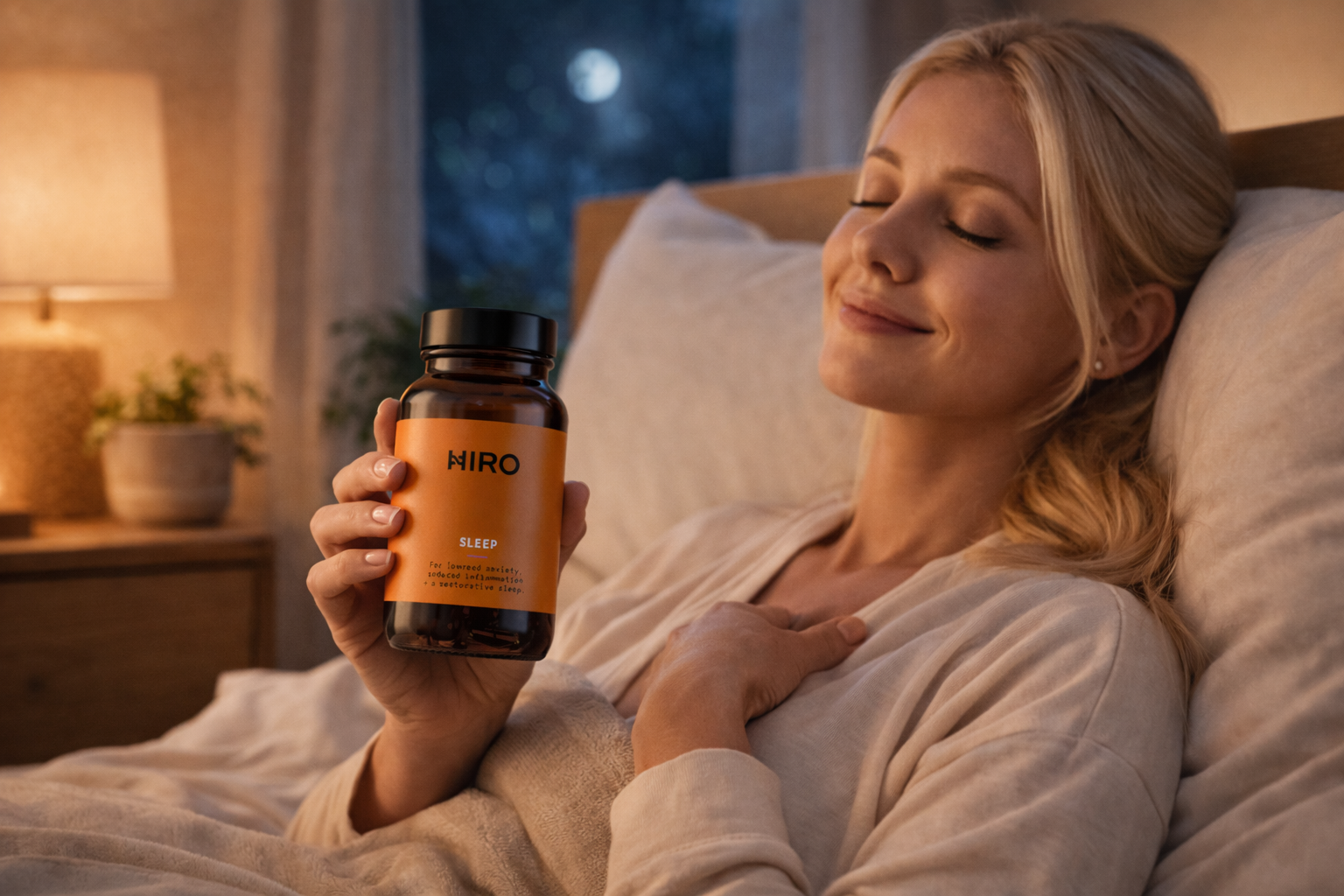 Woman holding HIRO natural sleep supplement bottle feeling calm and relaxed before sleep