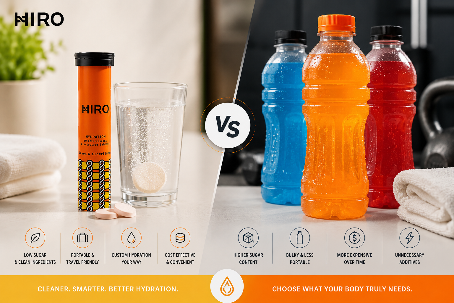 HIRO electrolyte tablets in a premium hydration lifestyle setting for electrolyte tablets vs drinks hydration comparison