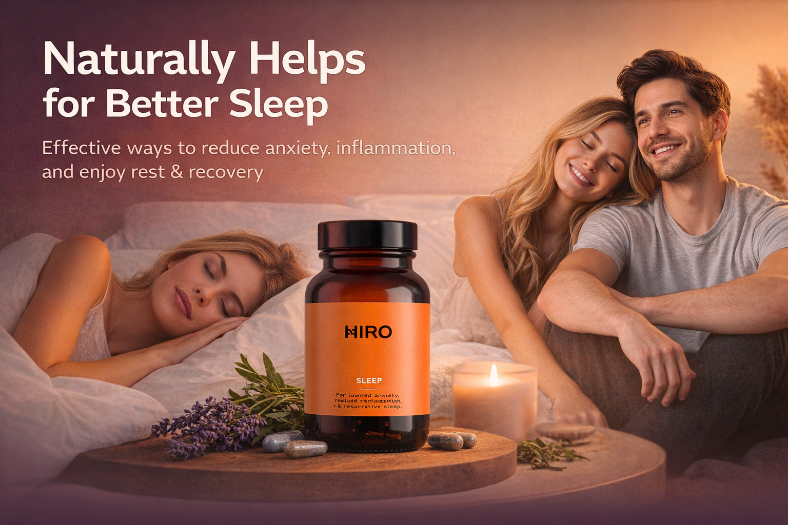 HIRO Sleep supplement bottle with sleeping woman and couple in relaxing bedroom blog banner