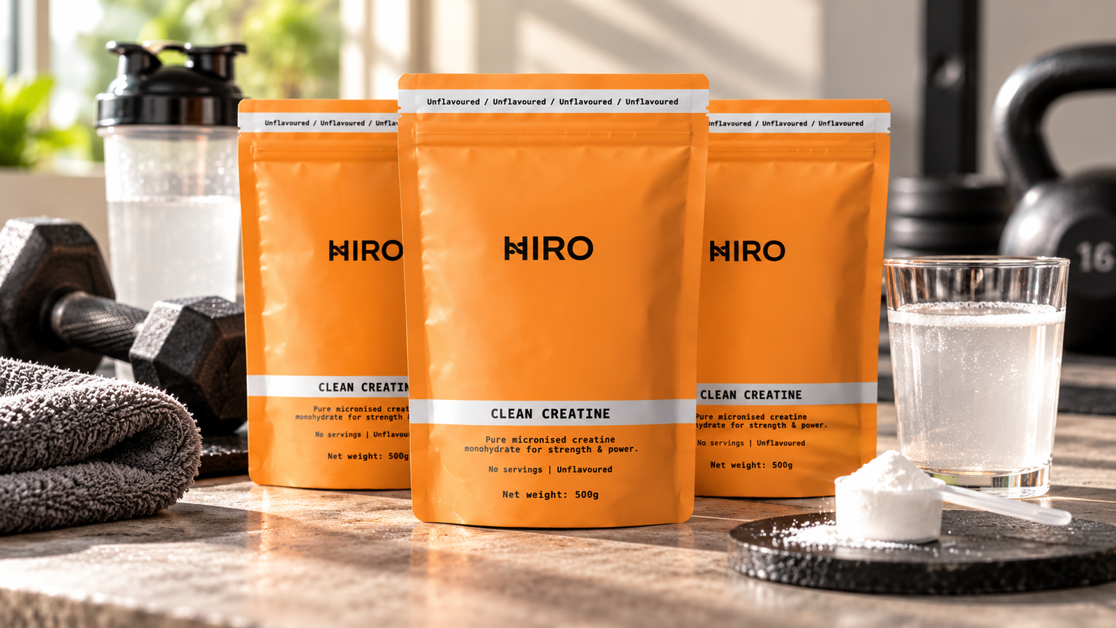 HIRO clean micronised creatine monohydrate powder in orange pouches for strength and power training.