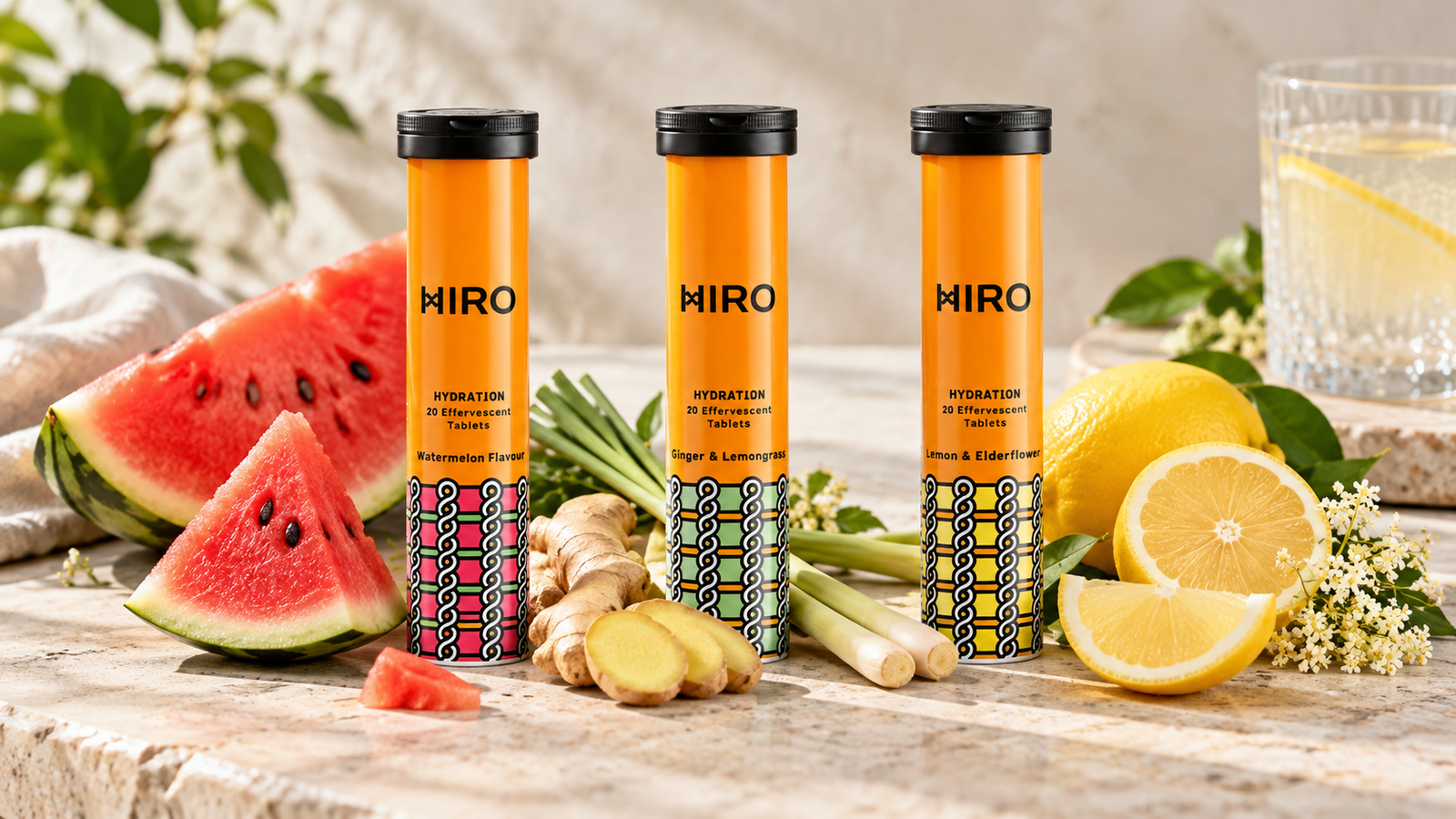 HIRO high potassium electrolyte tablets in Watermelon, Ginger and Lemongrass, and Lemon and Elderflower flavours for everyday hydration.