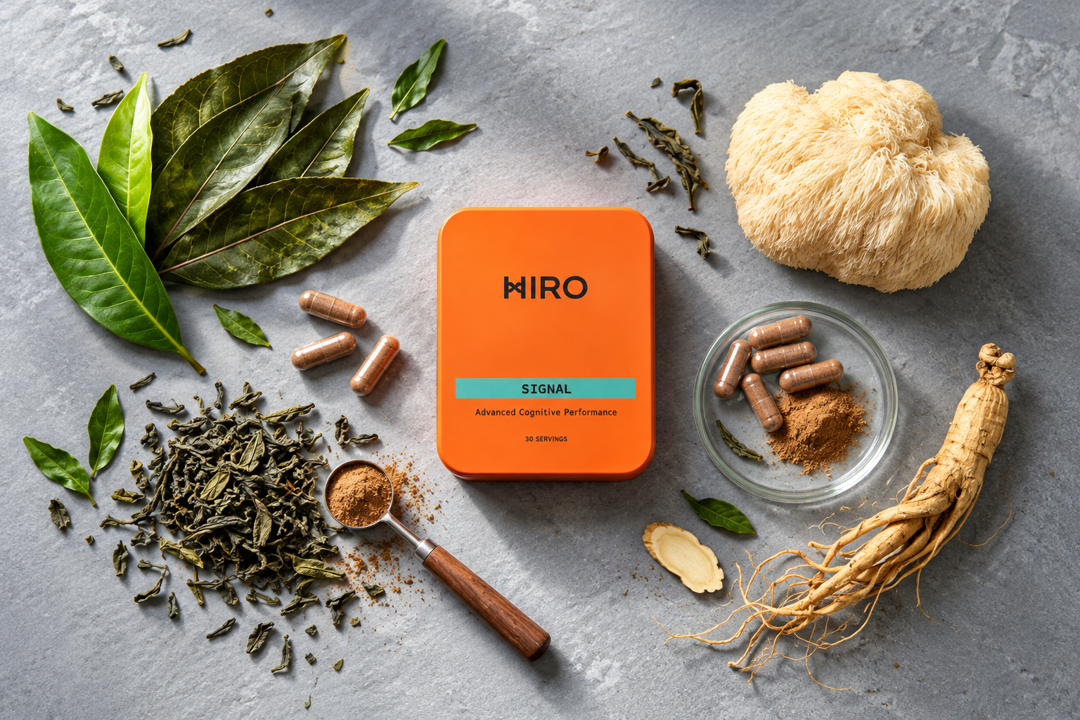 HIRO Signal nootropic supplement with green tea leaves Lion’s Mane mushroom ginseng root and capsules