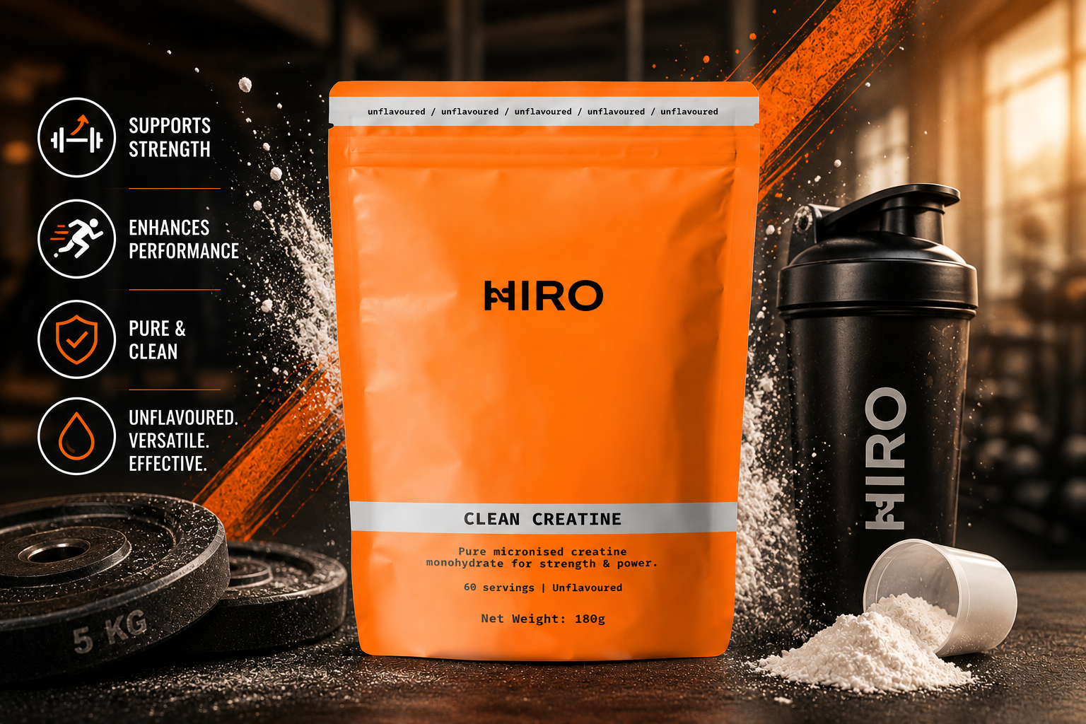 Best creatine powder in the UK featuring HIRO Clean Creatine for strength, power, and daily performance.