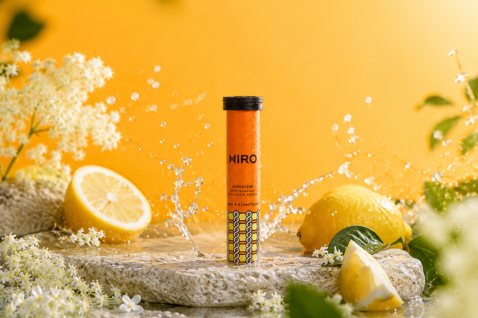 HIRO electrolyte tablets surrounded by fresh lemons, elderflowers, and water splashes representing hydration and electrolyte support