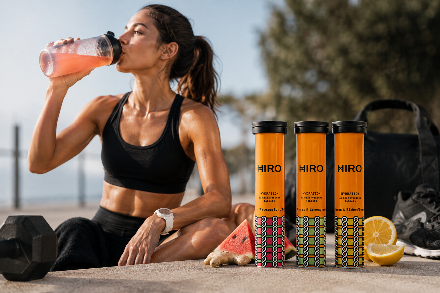 Athletes using HIRO hydration tablets after training to support hydration, electrolyte balance, and post-workout recovery.